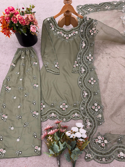 Elegant Green Crepe Silk Sharara | Pakistani Style Suit for Women