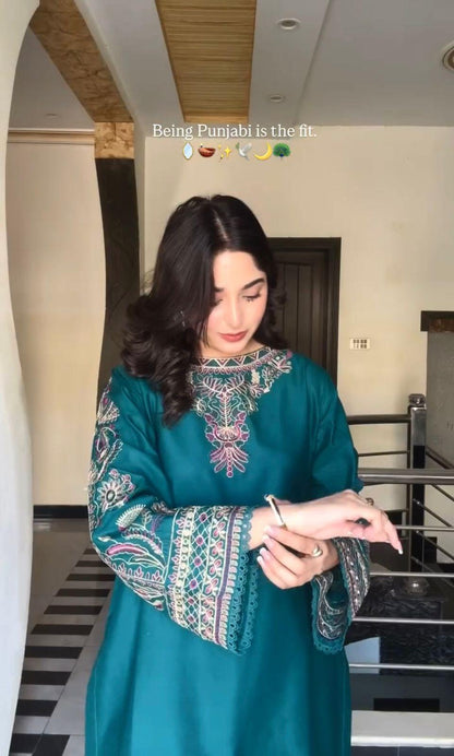 Teal Green Designer Georgette Top-Dhoti and Dupatta Set