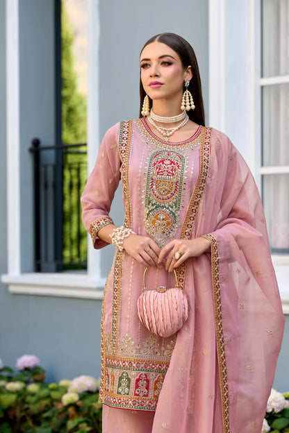 Pink Festive Wear Simar Organza Embroidered Readymade Salwar Suit