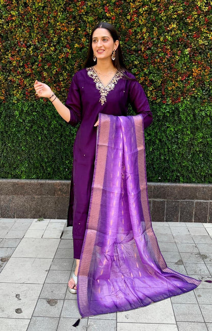 Exquisite Dark Purple Roman Silk Shalwar Kameez Set with Chanderi Jacquard Dupatta