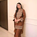 Brown Designer Pure Chinon Silk Embroidered Top & Palazzo Set with Dupatta