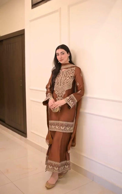 Brown Designer Pure Chinon Silk Embroidered Top & Palazzo Set with Dupatta
