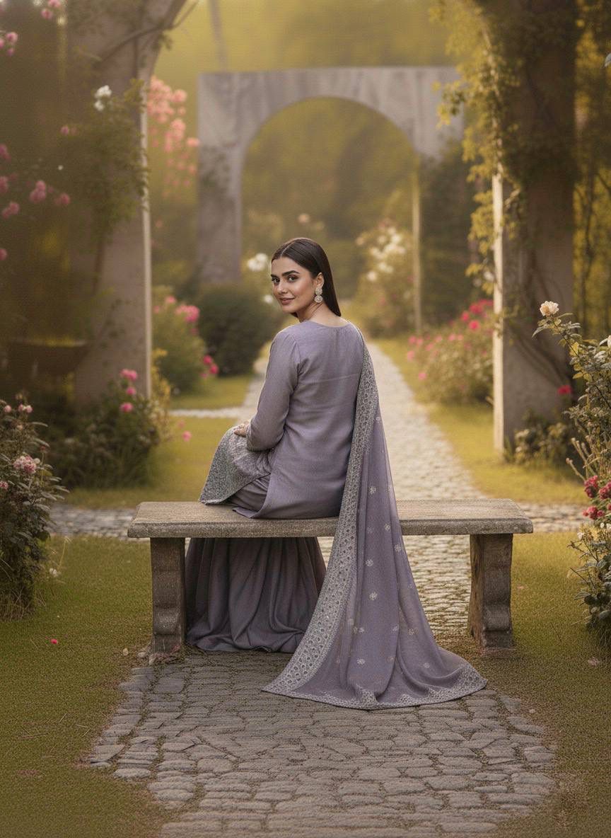 Lavendar Designer Embroidered Top–Sharara Set with Dupatta