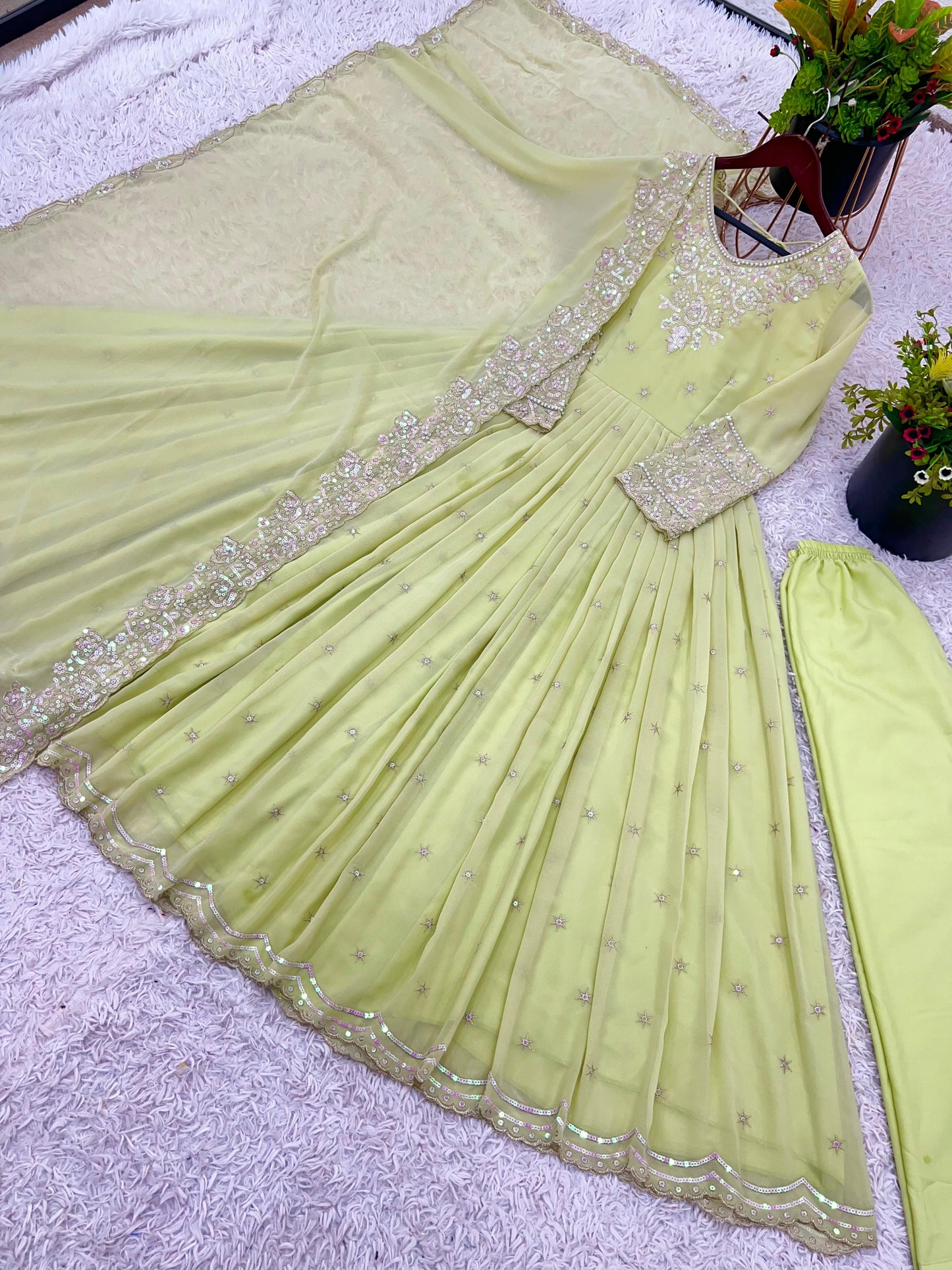 Green Embroidered Georgette Women's Party Wear Gown Set