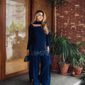 Cool Blue Pure Crepe Silk Top-Bottom & Dupatta Set – Fully Stitched & Ready to Wear! Up to 5XL