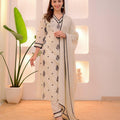 White Classy Embroidered Roman Silk Salwar Suit for Women