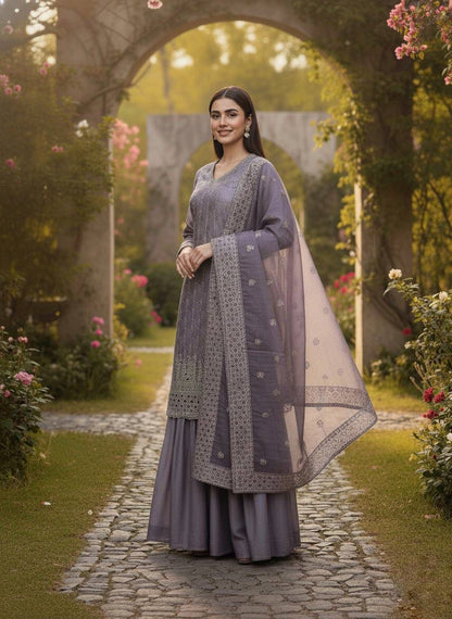 Lavendar Designer Embroidered Top–Sharara Set with Dupatta