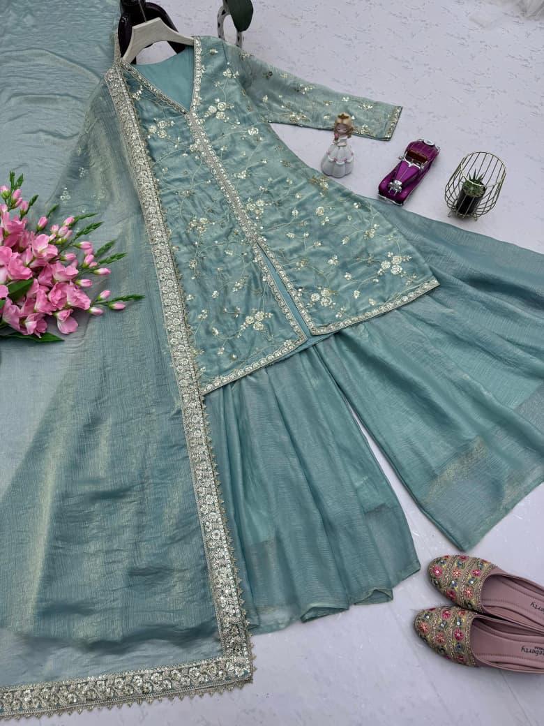 Green Glimmer & Grace: Embroidered Silk Sharara Suit Set