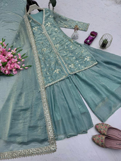 Green Glimmer & Grace: Embroidered Silk Sharara Suit Set