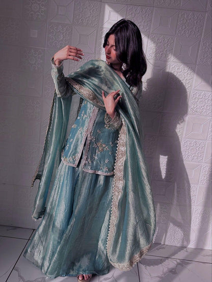Green Glimmer & Grace: Embroidered Silk Sharara Suit Set