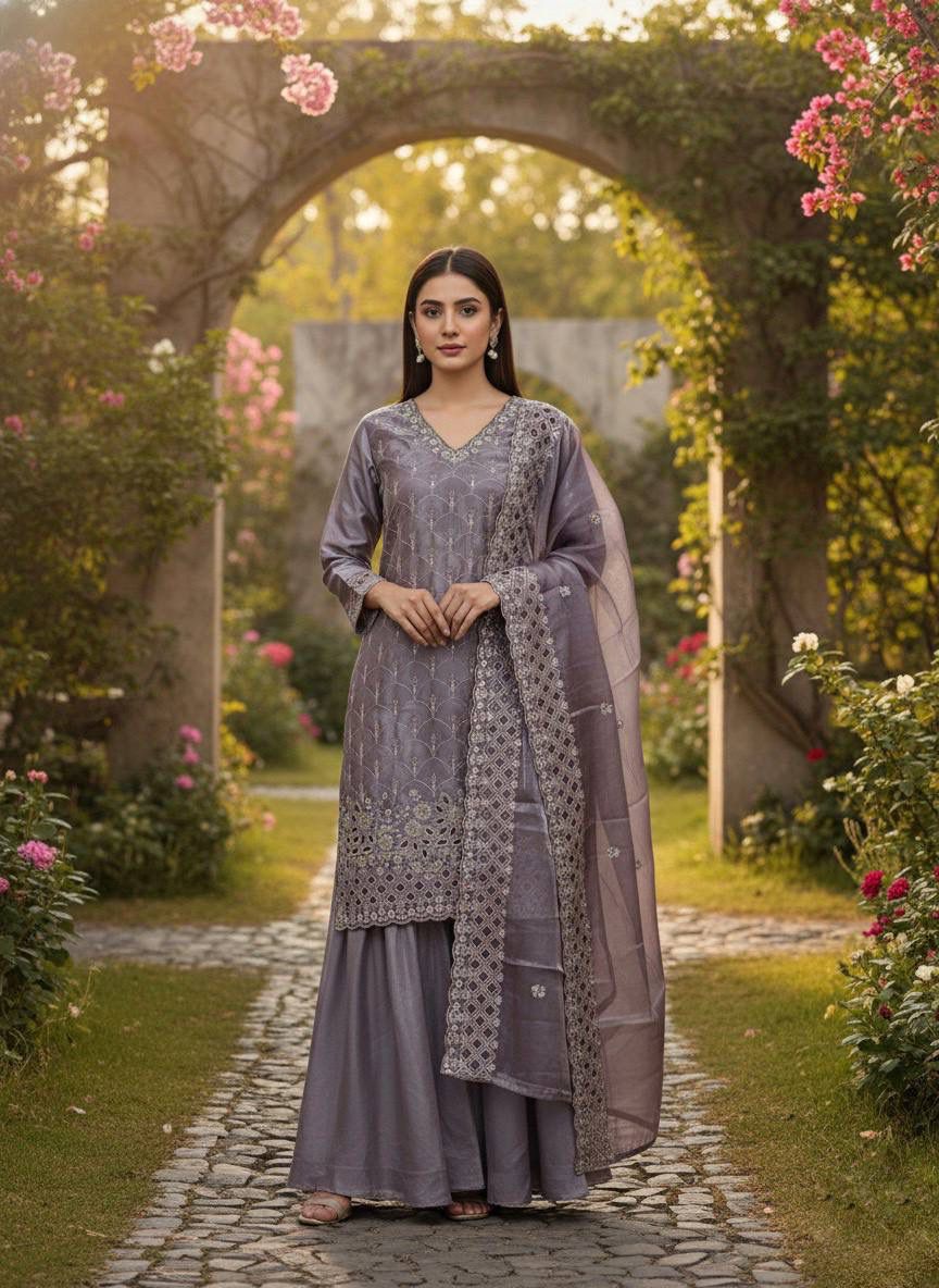 Lavendar Designer Embroidered Top–Sharara Set with Dupatta