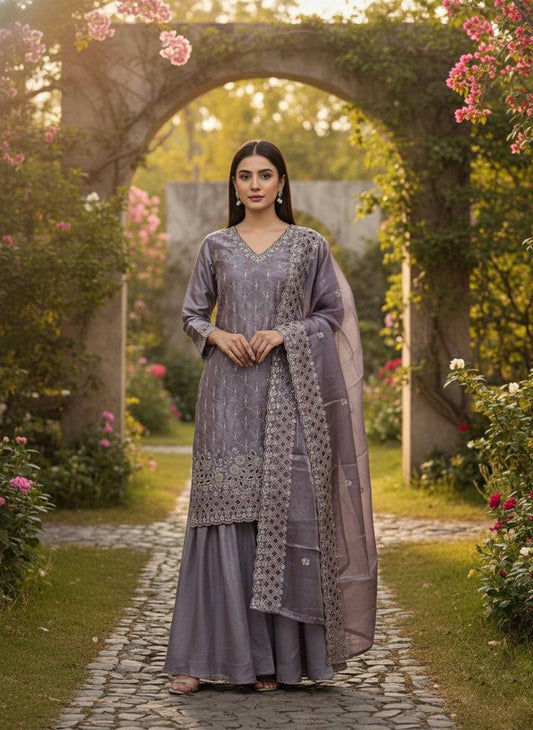 Lavendar Designer Embroidered Top–Sharara Set with Dupatta