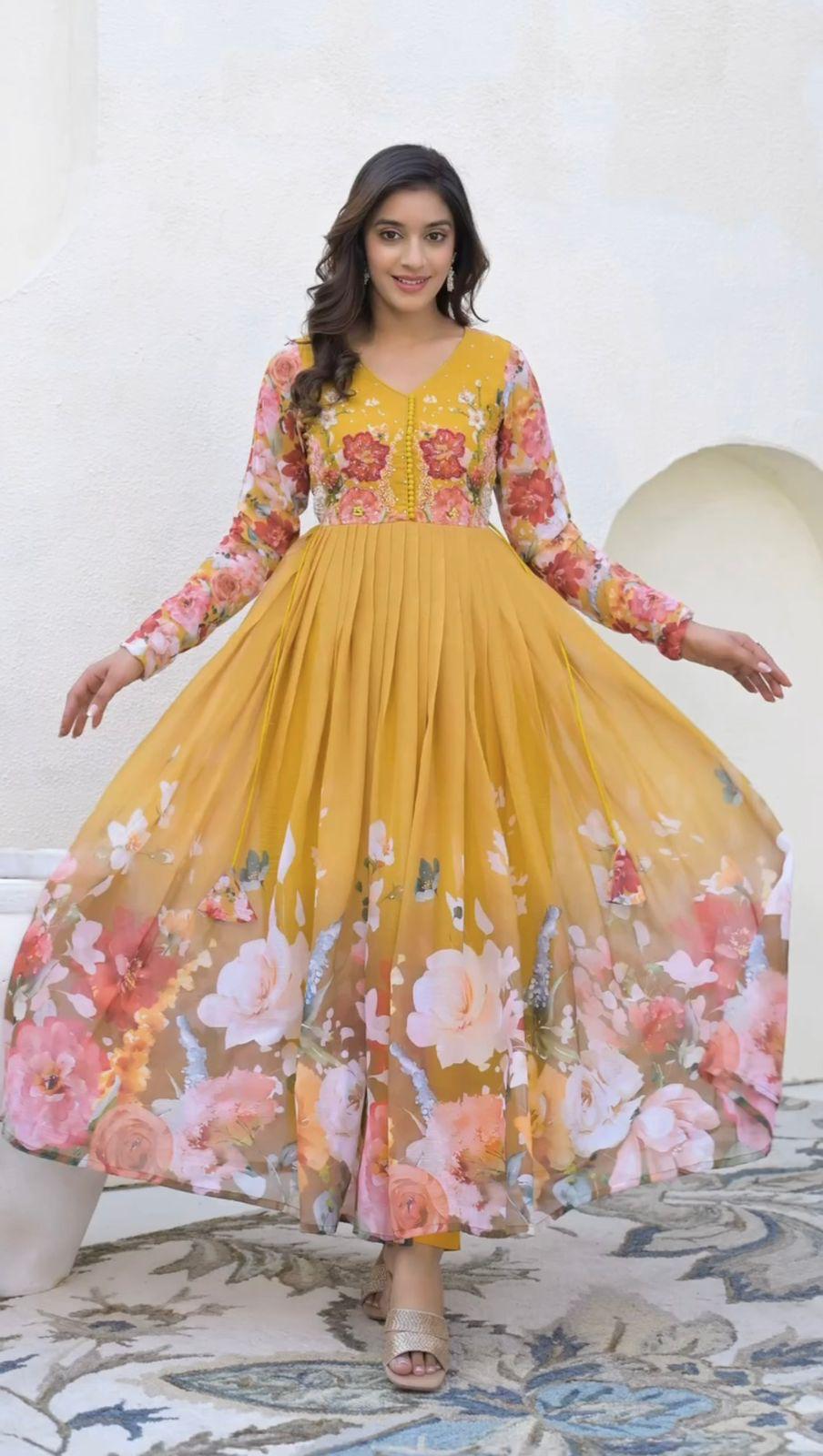 Yellow Enchanting Floral Georgette Gown & Pant Set with Embroidered Dupatta