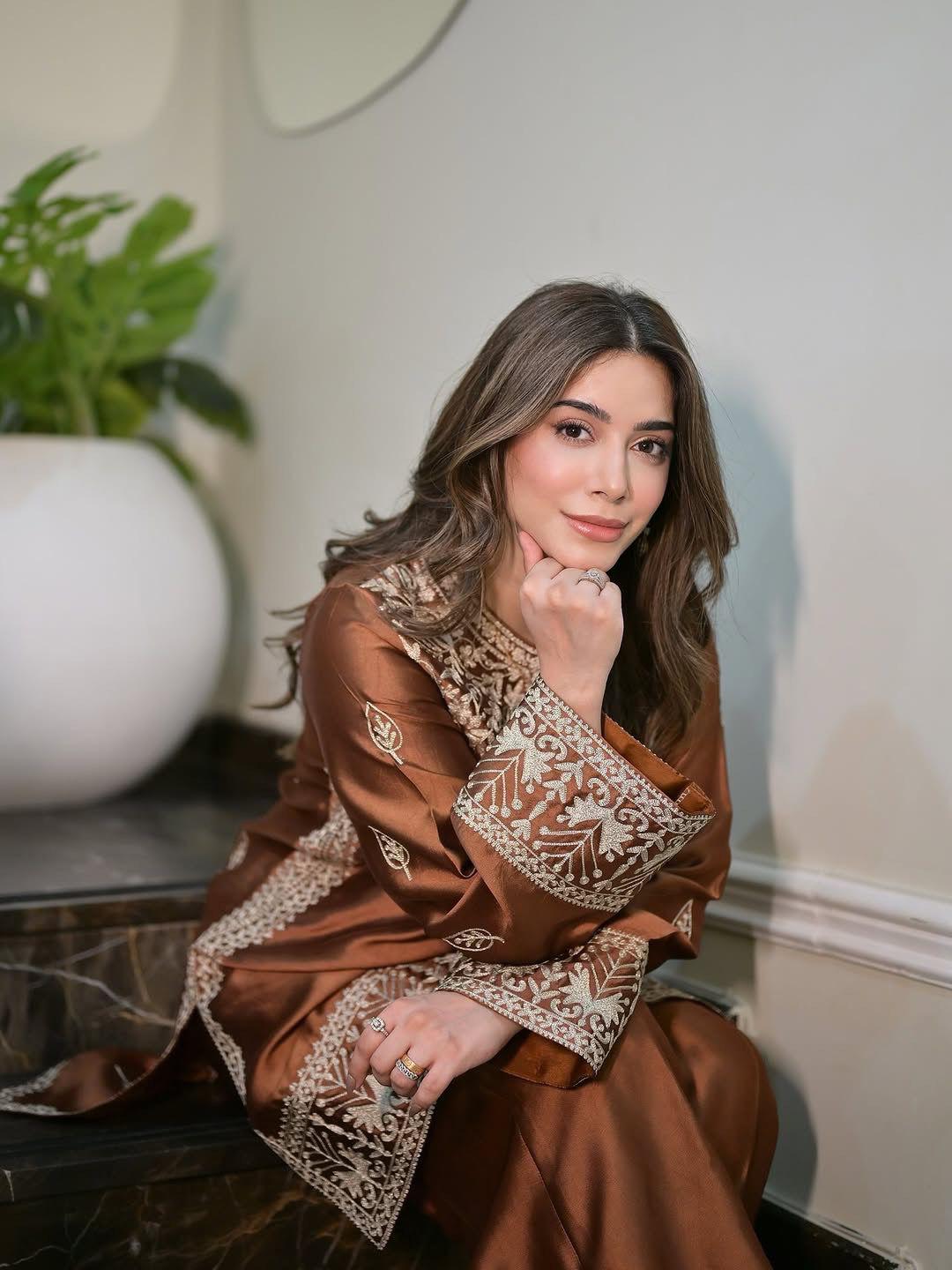 Brown Designer Pure Chinon Silk Embroidered Top & Palazzo Set with Dupatta