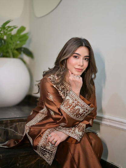 Brown Designer Pure Chinon Silk Embroidered Top & Palazzo Set with Dupatta