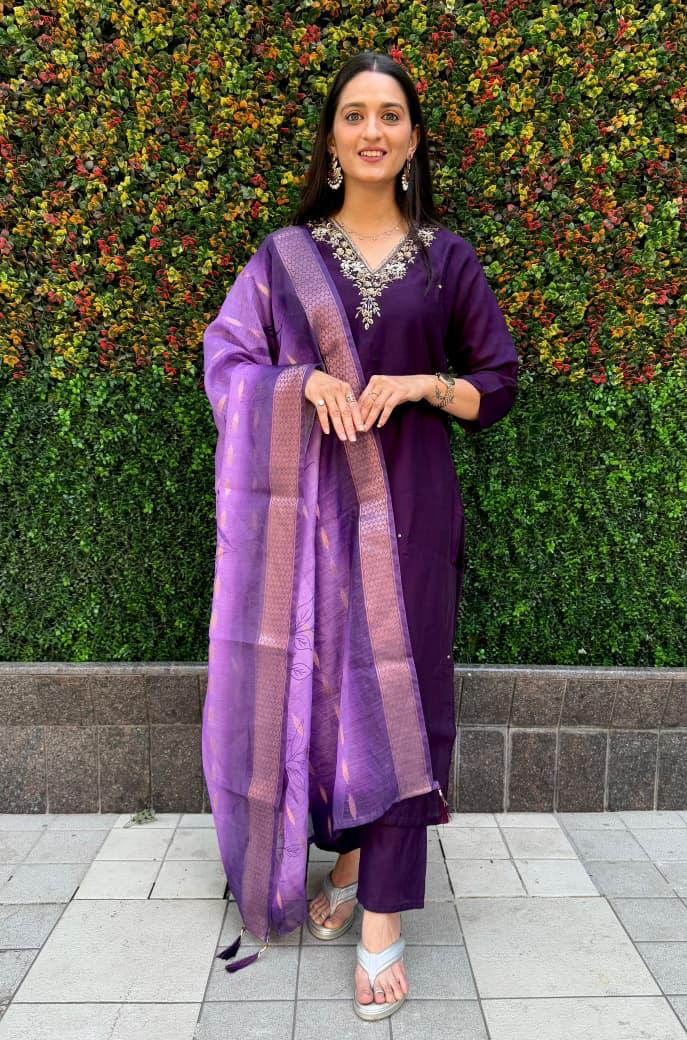 Exquisite Dark Purple Roman Silk Shalwar Kameez Set with Chanderi Jacquard Dupatta