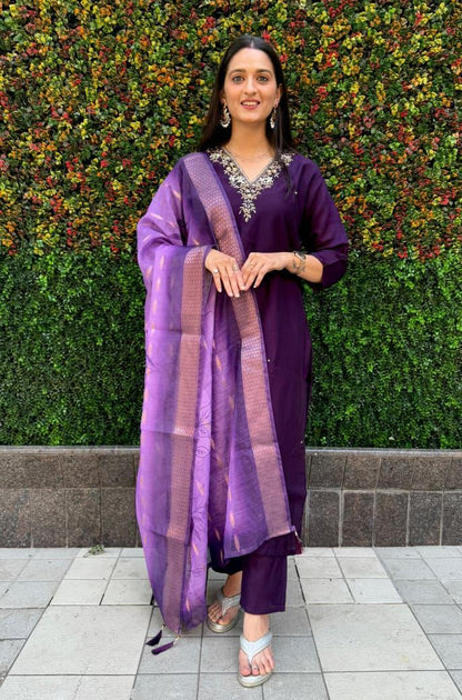Exquisite Dark Purple Roman Silk Shalwar Kameez Set with Chanderi Jacquard Dupatta