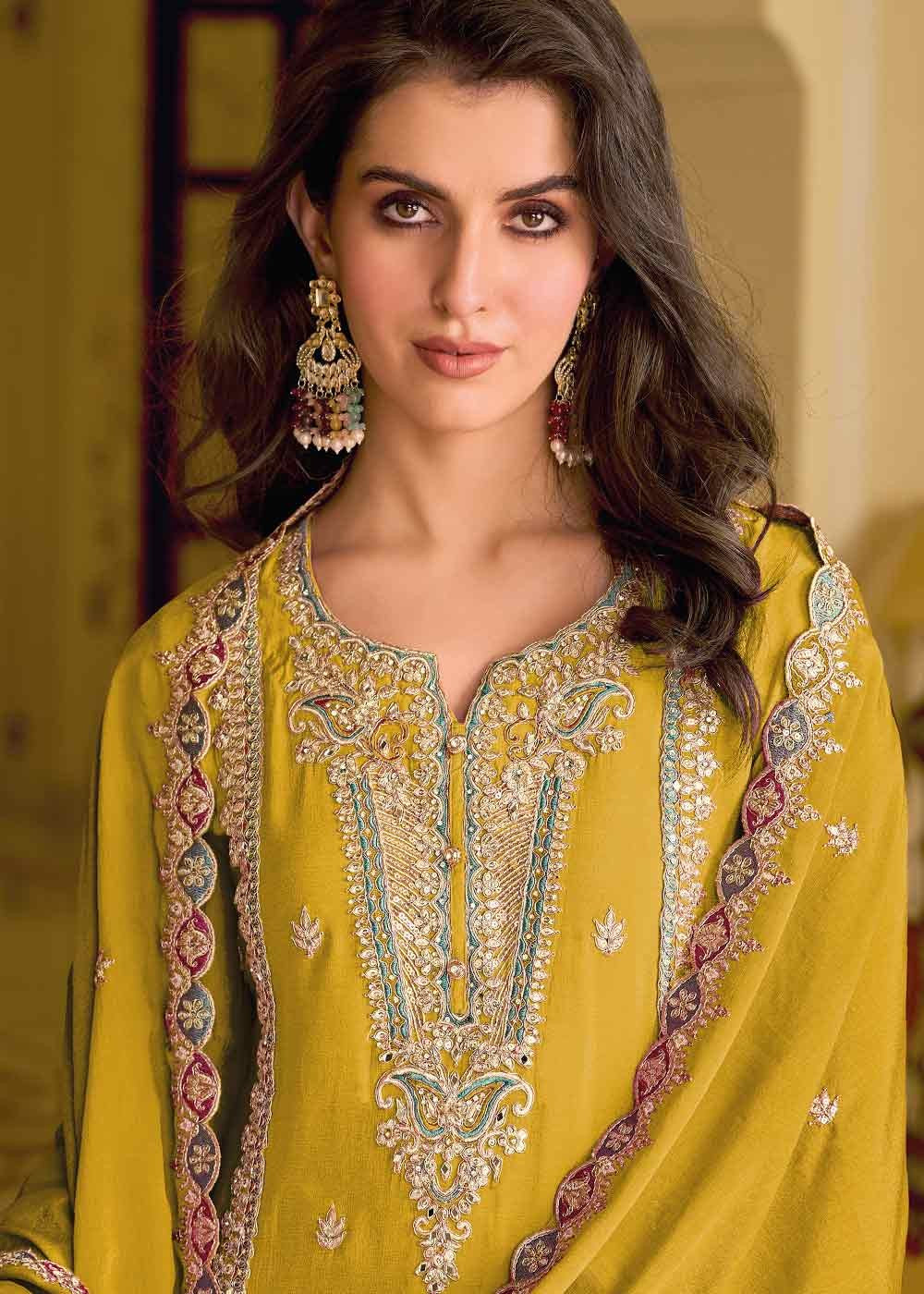 Mustard Yellow Luxe Embroidered Pakistani Salwar Kameez Set with Silk Bottom and Chinon