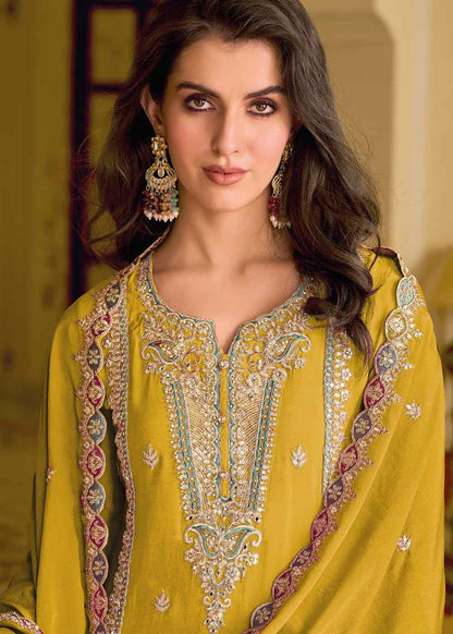 Mustard Yellow Luxe Embroidered Pakistani Salwar Kameez Set with Silk Bottom and Chinon