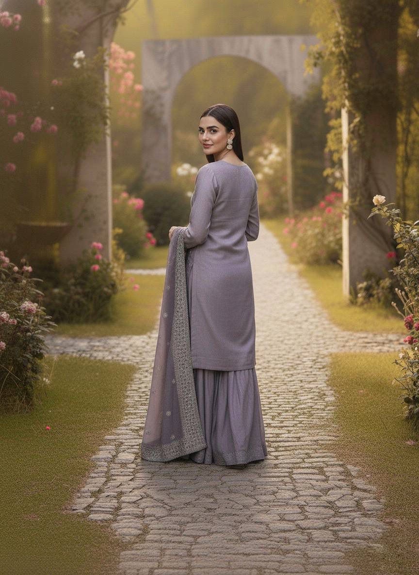 Lavendar Designer Embroidered Top–Sharara Set with Dupatta