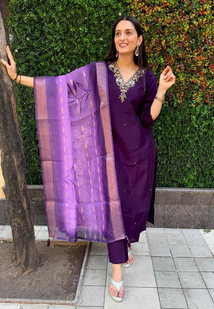 Exquisite Dark Purple Roman Silk Shalwar Kameez Set with Chanderi Jacquard Dupatta