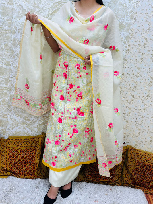 Yellow Pink Kota Doria Phulkari Work Cotton Suit with Tafeta Pants and Kota Doria Dupatta