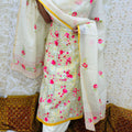 Yellow Pink Kota Doria Phulkari Work Cotton Suit with Tafeta Pants and Kota Doria Dupatta
