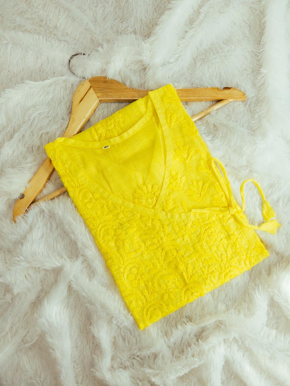 Sunny Delight: Yellow Kota Doria Cotton Chikankari Kurti - Inayakhan Shop 