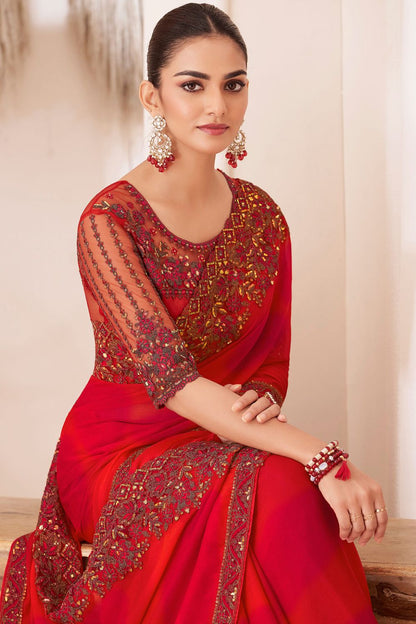 Red Elegant Party Wear Chiffon Saree with Embroidered Banglori Silk Blouse