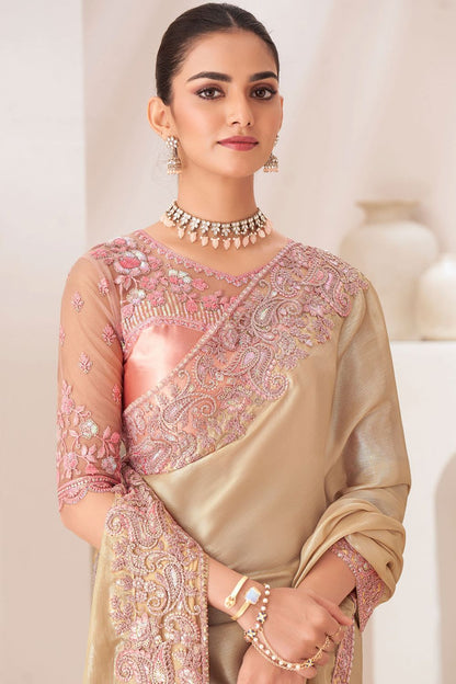 Cream Party Wear Chiffon Saree with Embroidered Satin Blouse