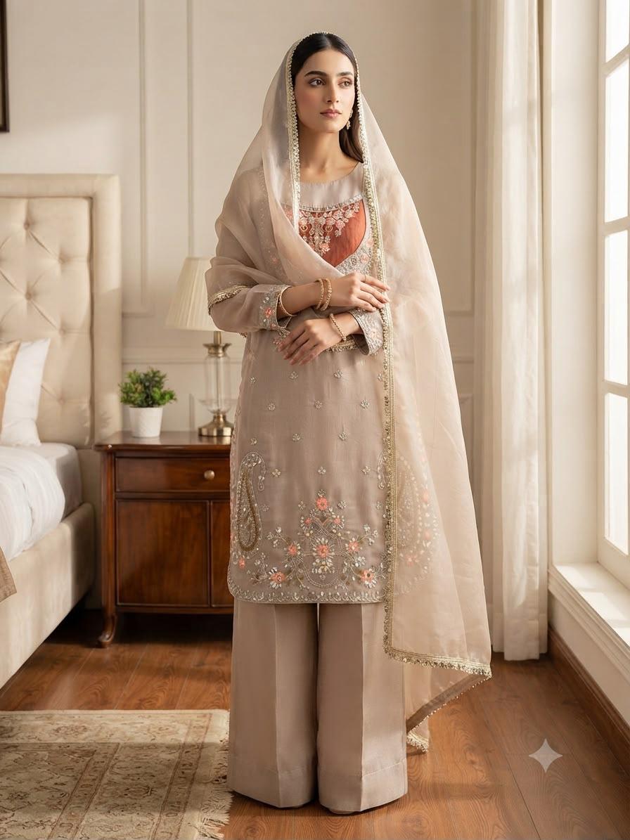 Taupe beige embroidered palazzo suit set on model