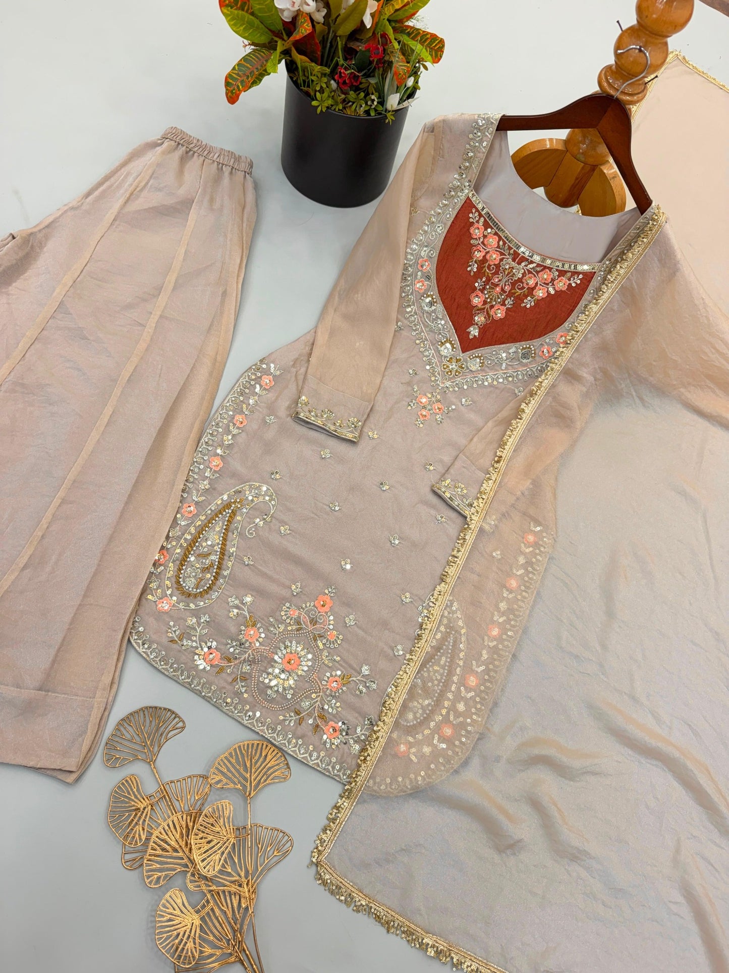 Taupe beige embroidered palazzo suit with lace-border dupatta