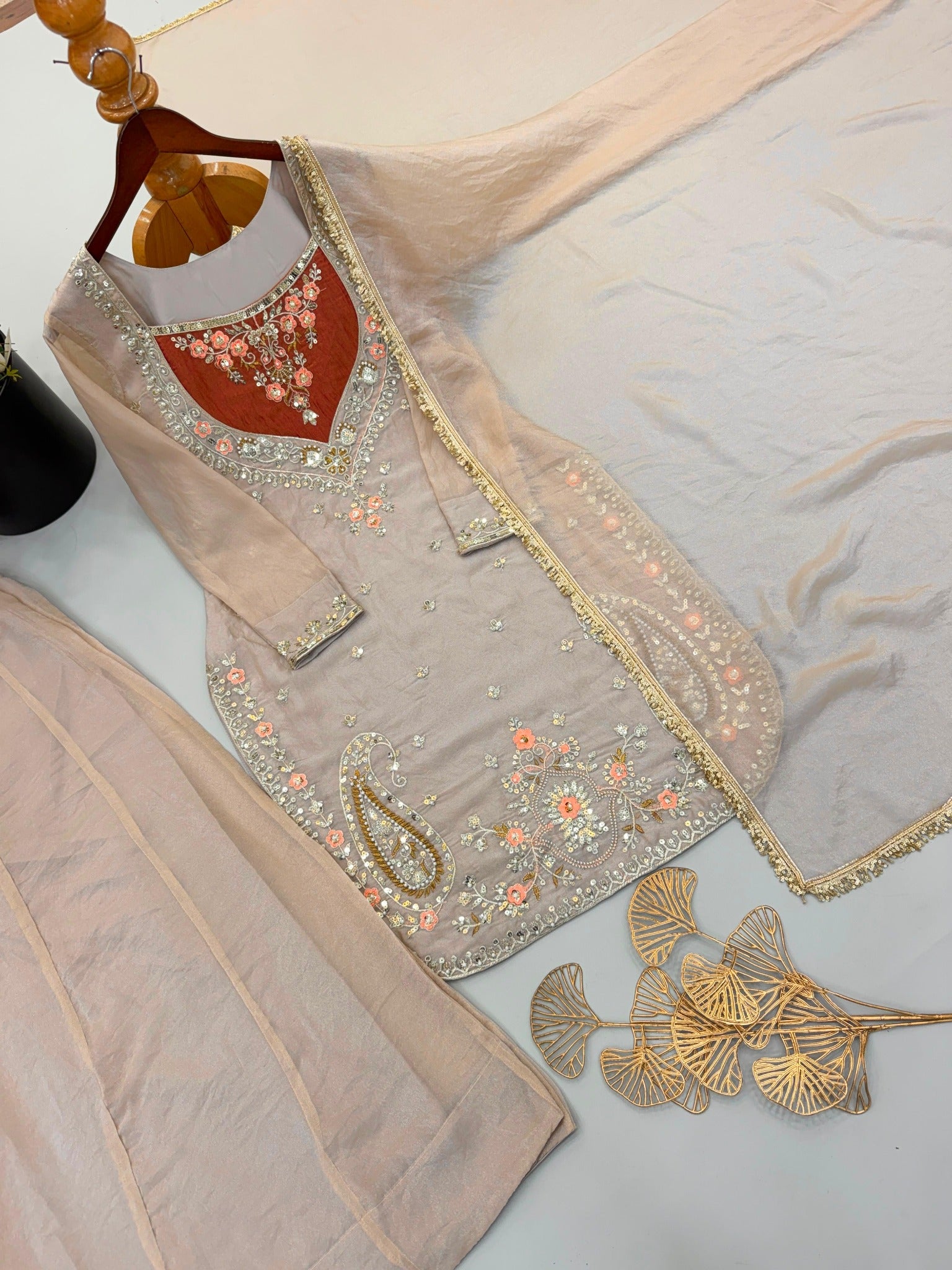 Taupe beige NC Moss top palazzo and dupatta three-piece suit
