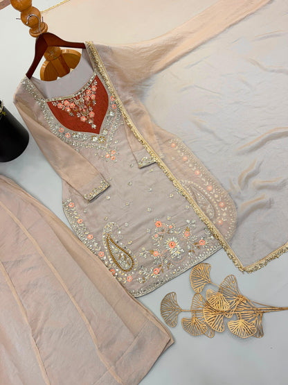 Taupe beige NC Moss top palazzo and dupatta three-piece suit