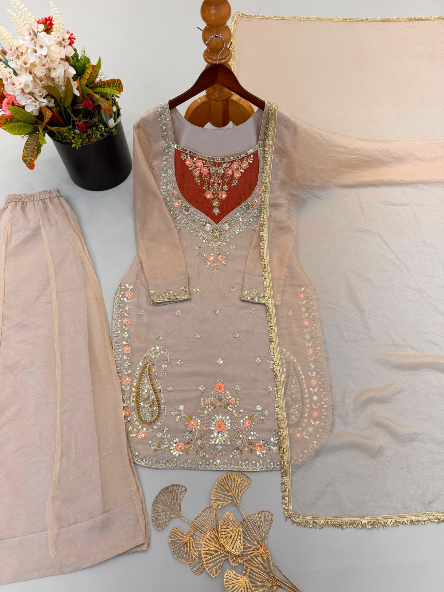 Taupe beige and rust NC Moss embroidered palazzo suit set flat lay