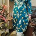Teal Blue Blissful Elegance Lucknowi Chikankari Kurta and Dhoti Set
