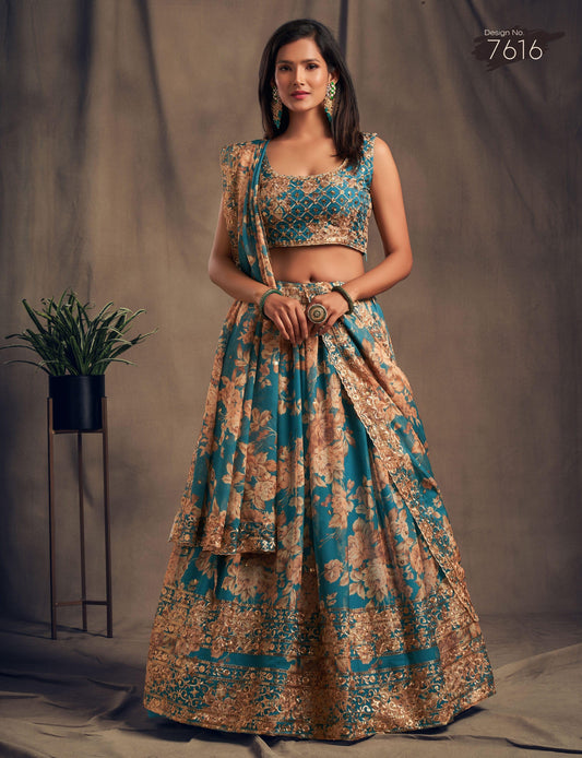 Teal Blue Blossom Beauty Floral Custom Lehenga with Big Flair - Inayakhan Shop