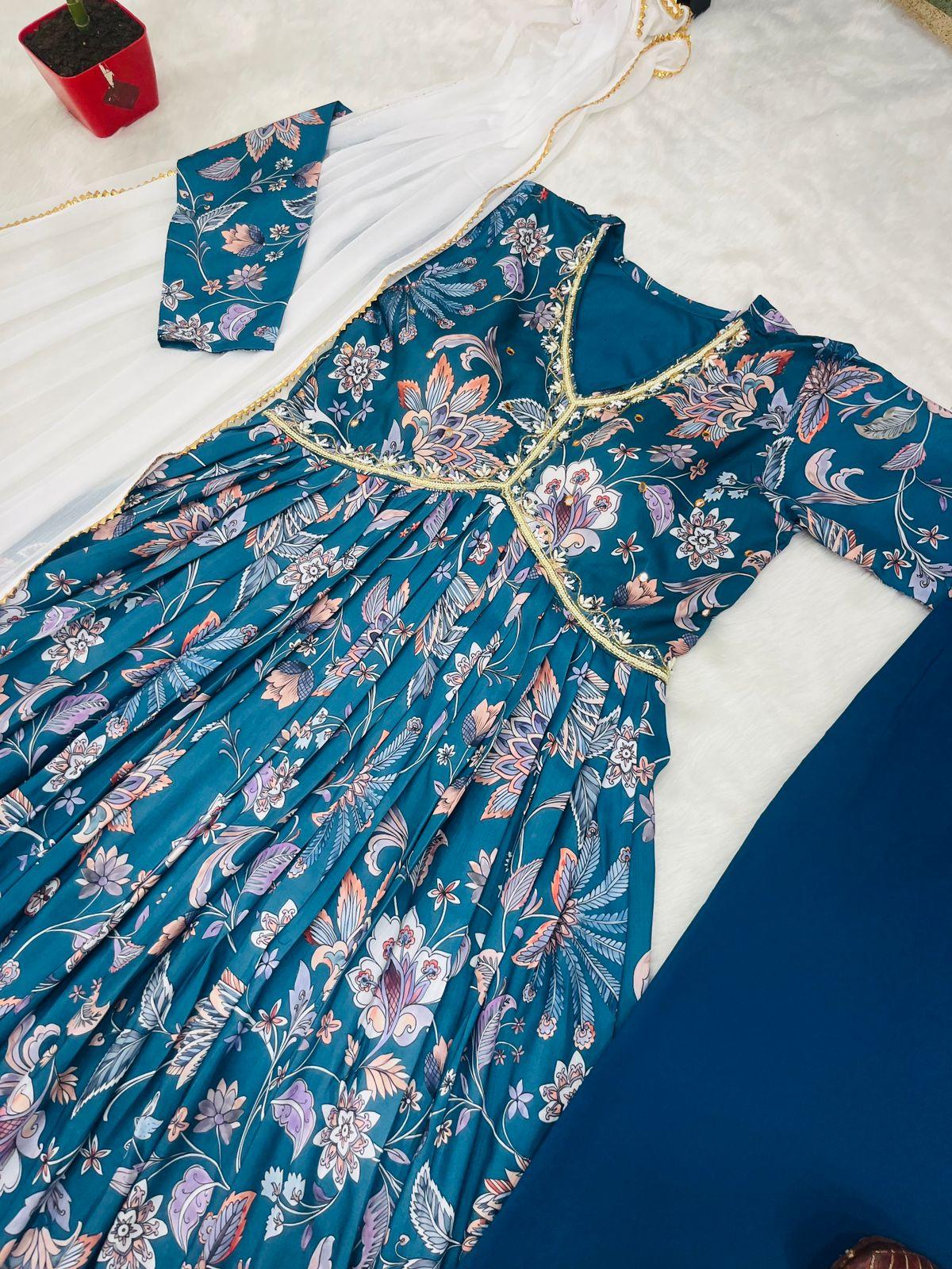 Teal blue Boho Floral Special: Aliya Cut Dresses with Dupatta and Pant! 🌺🌺 - Inayakhan Shop 