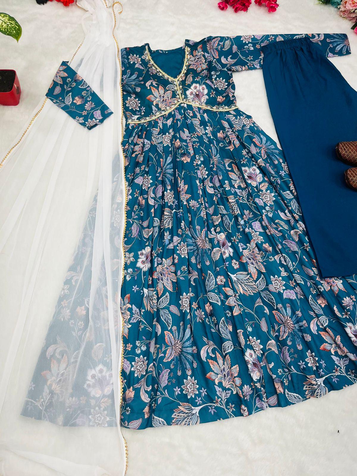 Teal blue Boho Floral Special: Aliya Cut Dresses with Dupatta and Pant! 🌺🌺 - Inayakhan Shop 