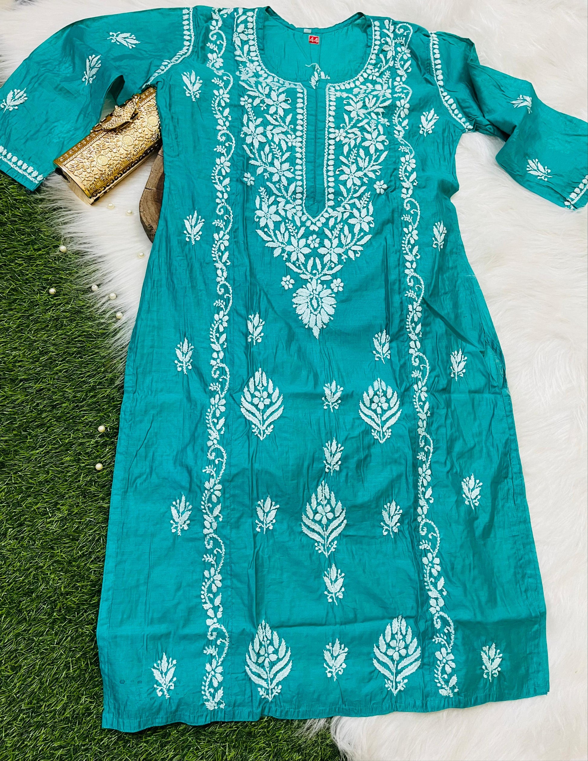 Teal Blue Chanderi Silk Lucknow Chikankari Kurti Set - Inayakhan Shop 