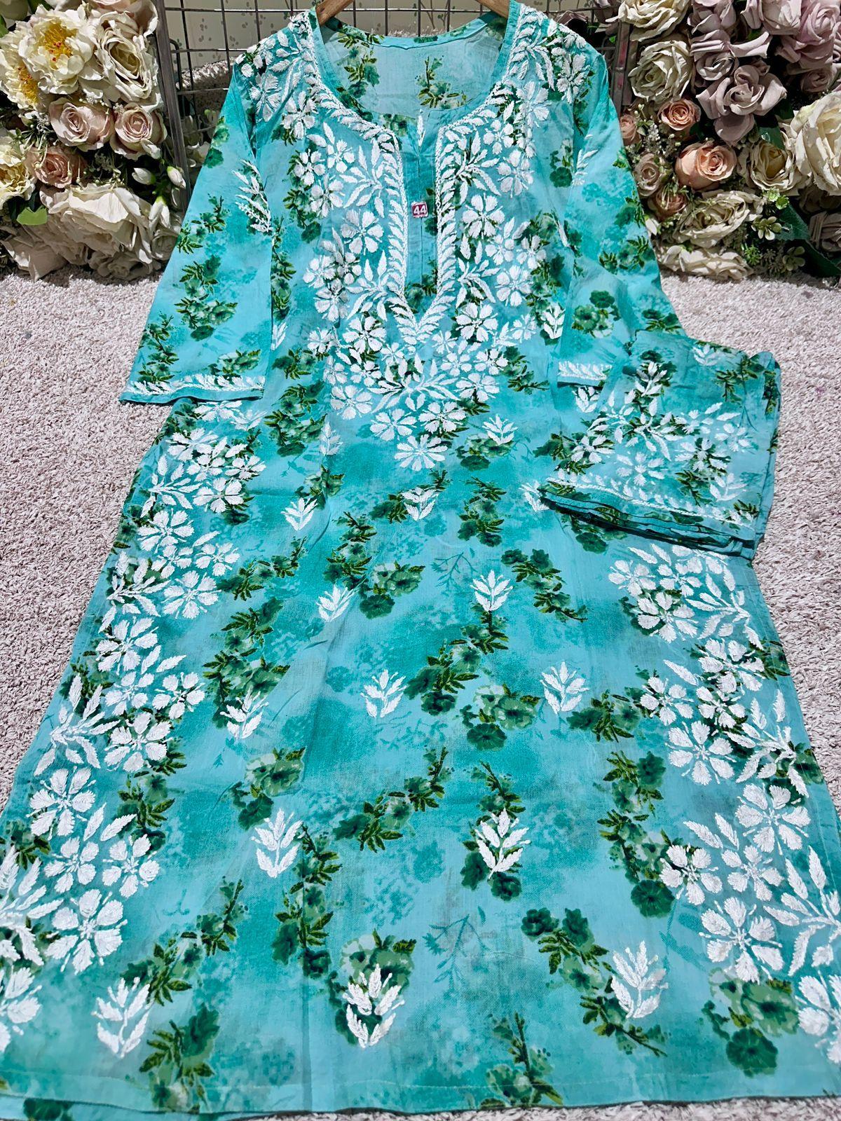 Teal Blue Enchanting Floral Elegance MulMul Set with Heavy Side Border Work - Inayakhan Shop 