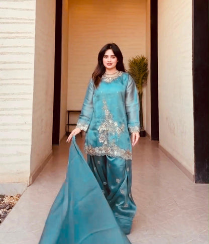 teal blue Farshi pant suit with dupatta