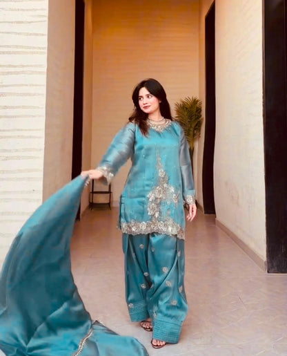 teal blue GMY silk Farshi pant suit model front view