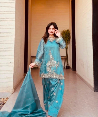 teal blue embroidered GMY silk Farshi pant suit