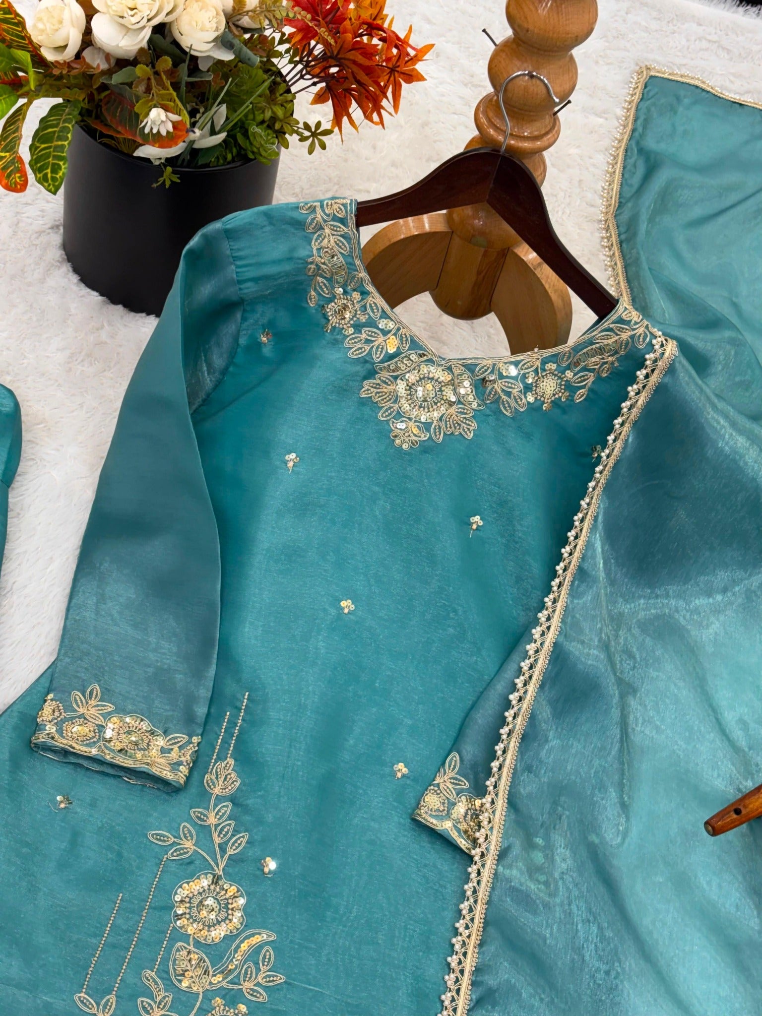 embroidered neckline and sleeves teal blue GMY silk top