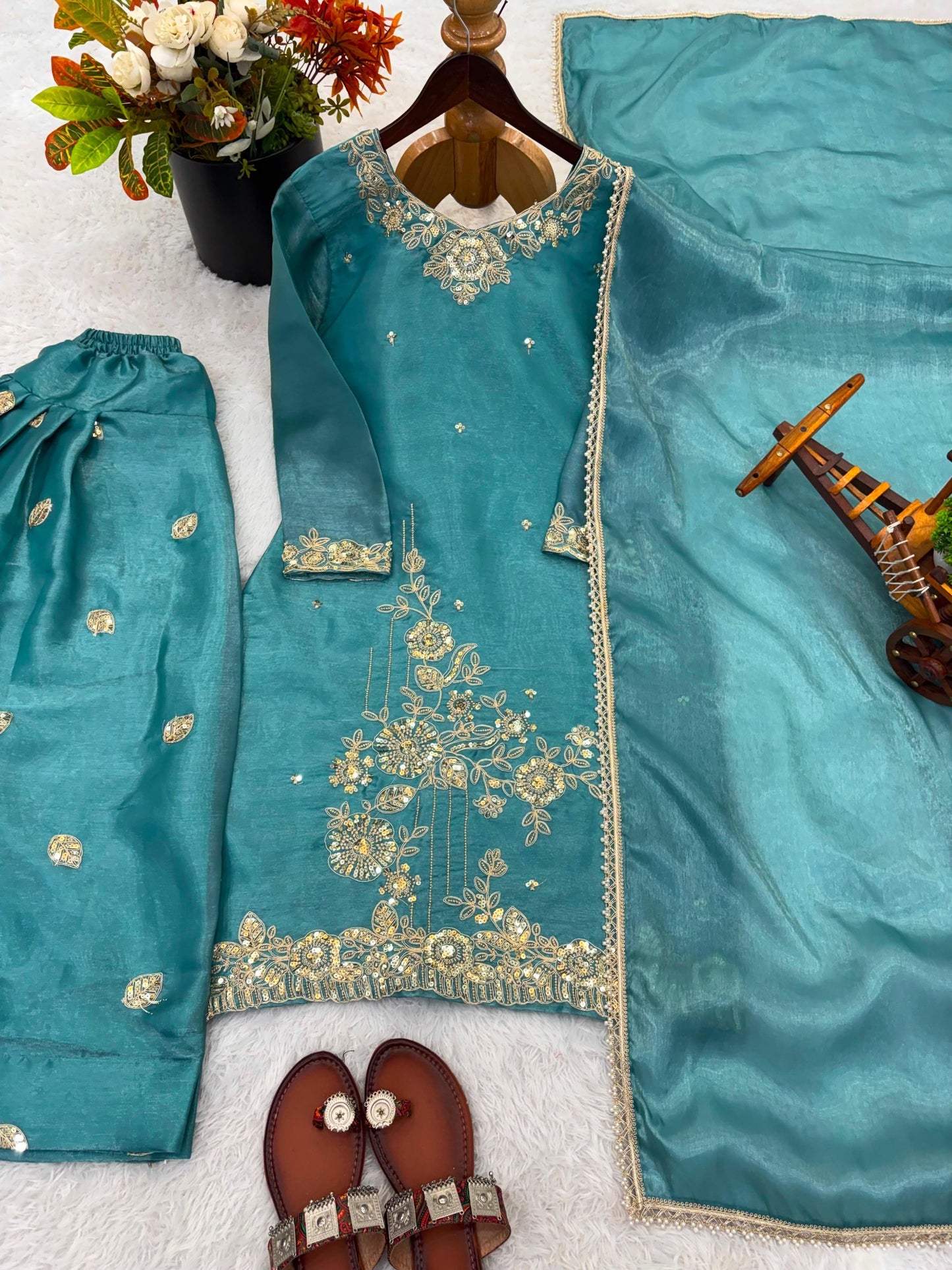 teal blue GMY silk top Farshi pant and dupatta set