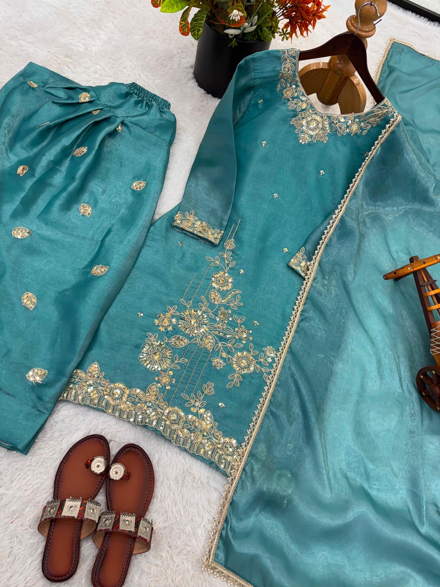 teal blue GMY silk embroidered three piece ethnic set