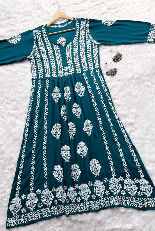 Teal blue Green Party Wear Long Modal Heavy Chikankari Handwork A-Line Gown - Inayakhan Shop 