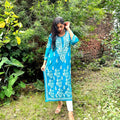 Teal Blue Lucknowi Luxe: Modal Kurti with Heavy Ghas Patti Work & White Chikankari Pants
