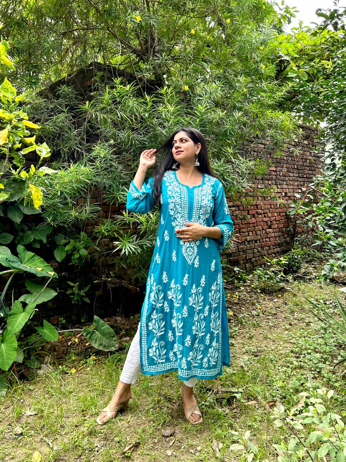 Teal Blue Lucknowi Luxe: Modal Kurti with Heavy Ghas Patti Work & White Chikankari Pants - Inayakhan Shop 